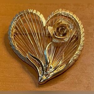 Vintage JJ Brook Heart Rose Gold Tone Wirework Pin Floral Jewelry Signed 2 Inch